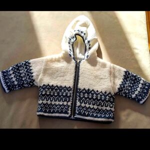 Handmade Hooded Toddler Sweater Blue and White with Zipper